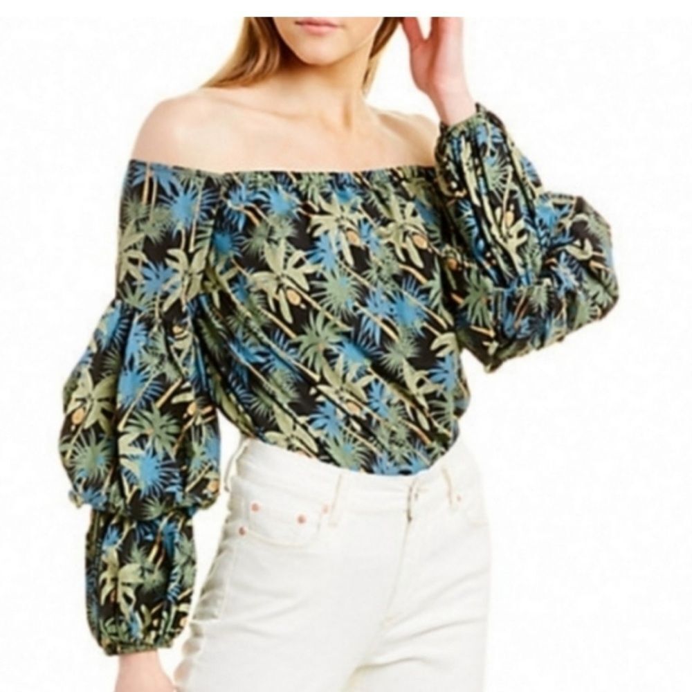 Petersyn Tropical Off-Shoulder Blouse in Blue and Green